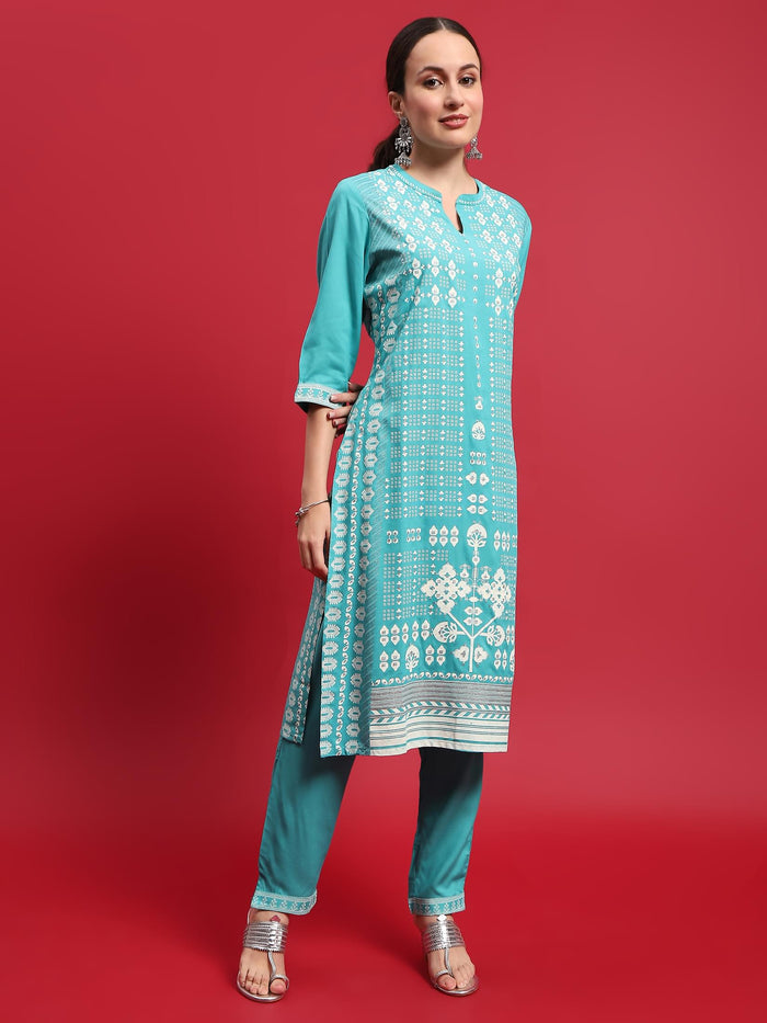 Indiessence Women Liva (Rayon) Turquoise Blue Ornamental Print Kurta With Trouser.