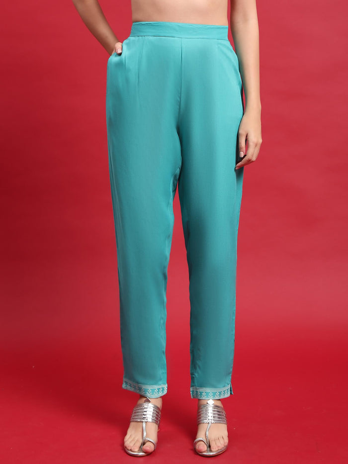 Indiessence Women Liva (Rayon) Turquoise Blue Ornamental Print Kurta With Trouser.