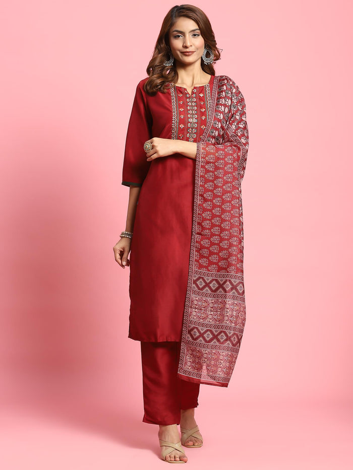 Indiessence Women Maroon Embroidered Kurta Trouser Dupatta.