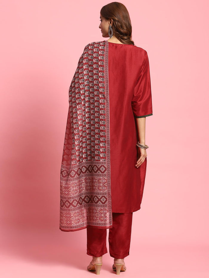 Indiessence Women Maroon Embroidered Kurta Trouser Dupatta.