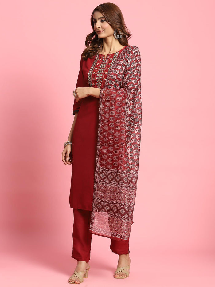 Indiessence Women Maroon Embroidered Kurta Trouser Dupatta.
