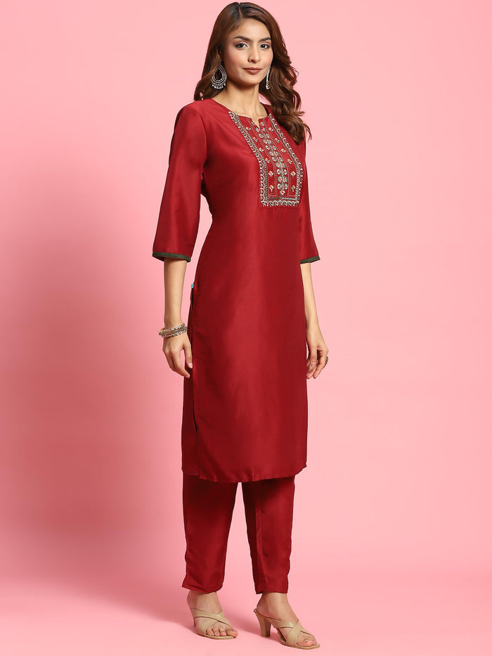 Indiessence Women Maroon Embroidered Kurta Trouser Dupatta.