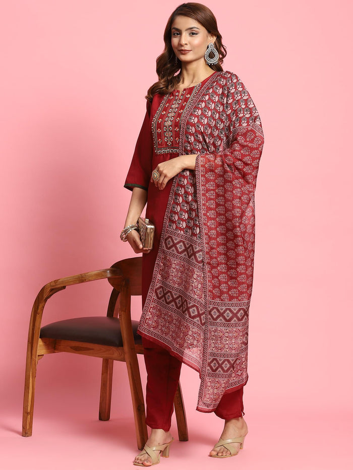 Indiessence Women Maroon Embroidered Kurta Trouser Dupatta.