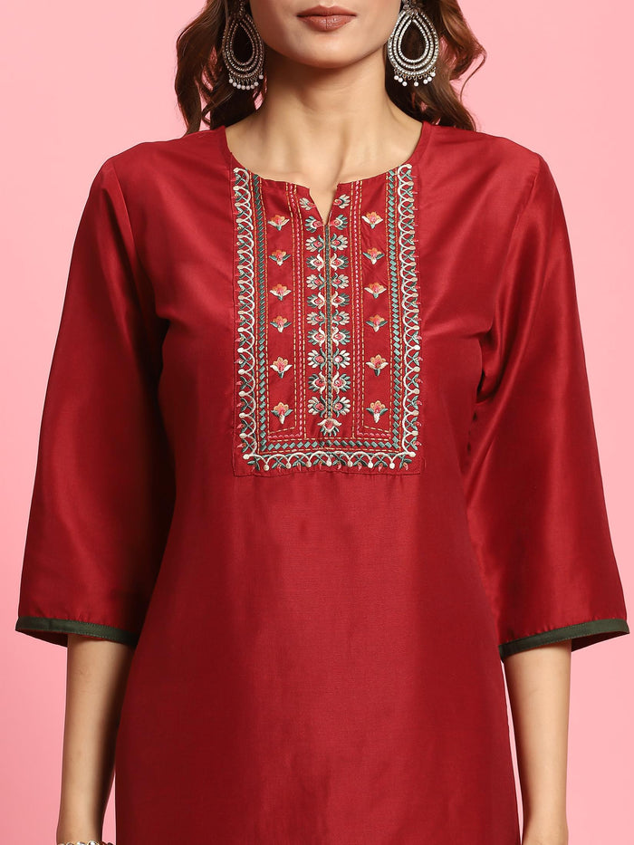 Indiessence Women Maroon Embroidered Kurta Trouser Dupatta.