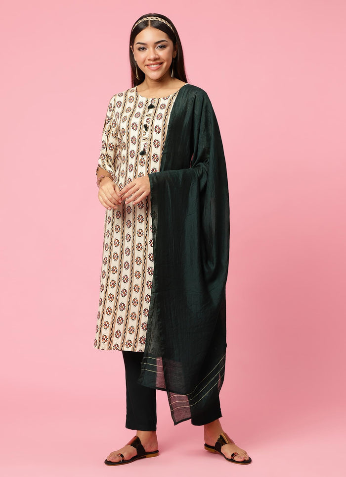 Indiessence Women Off White Floral Printed Kurta Trouser Dupatta.