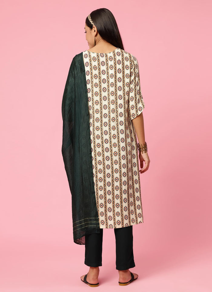 Indiessence Women Off White Floral Printed Kurta Trouser Dupatta.