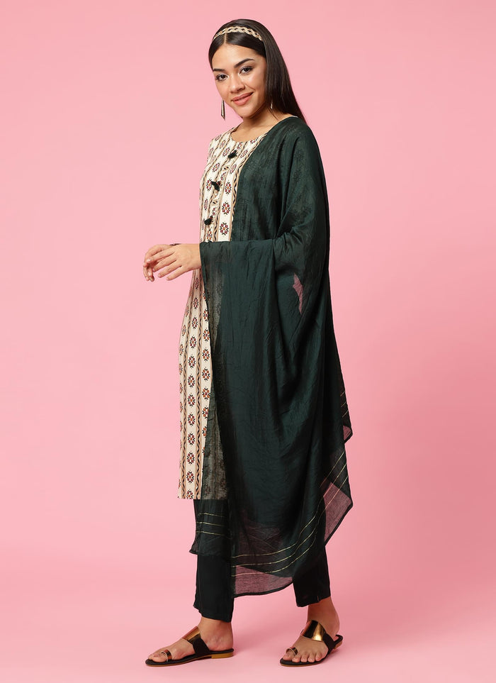 Indiessence Women Off White Floral Printed Kurta Trouser Dupatta.