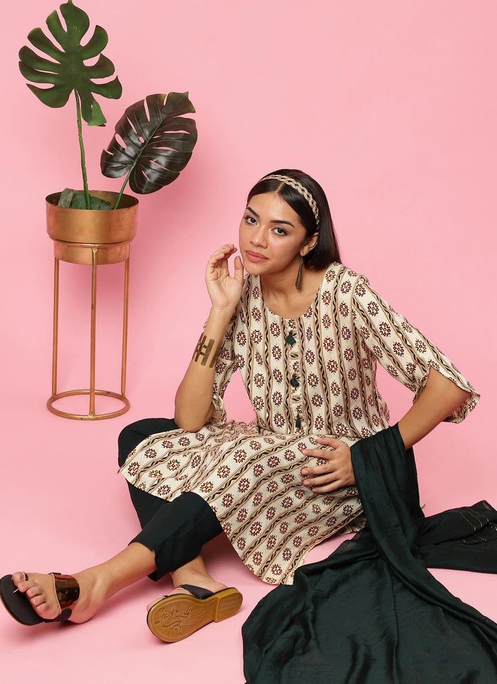 Indiessence Women Off White Floral Printed Kurta Trouser Dupatta.