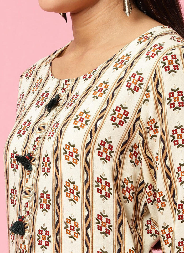 Indiessence Women Off White Floral Printed Kurta Trouser Dupatta.