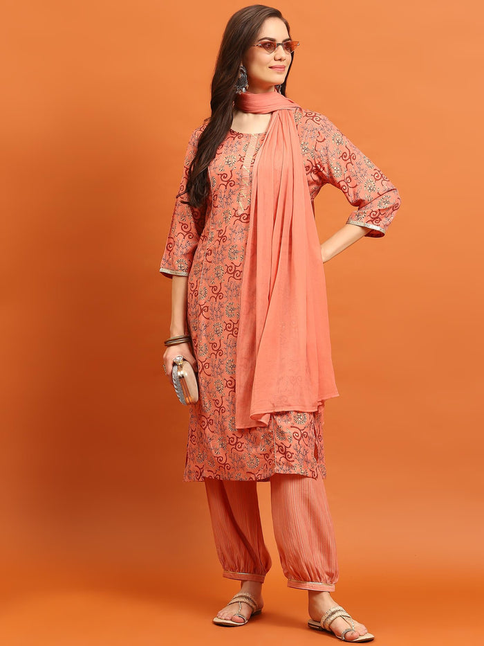 Indiessence Women Peach Abstract Printed Kurta Harem Pant Dupatta.