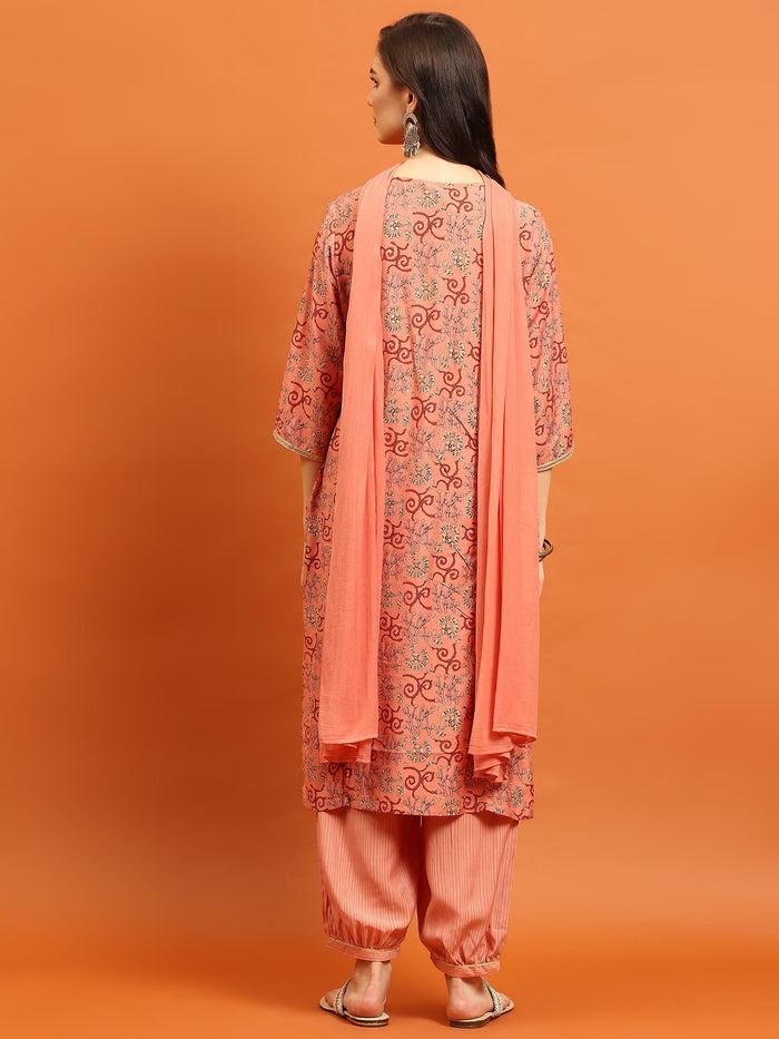 Indiessence Women Peach Abstract Printed Kurta Harem Pant Dupatta.