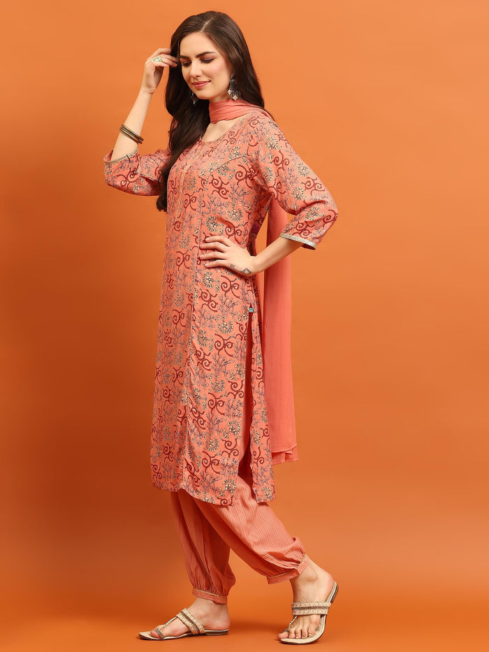 Indiessence Women Peach Abstract Printed Kurta Harem Pant Dupatta.