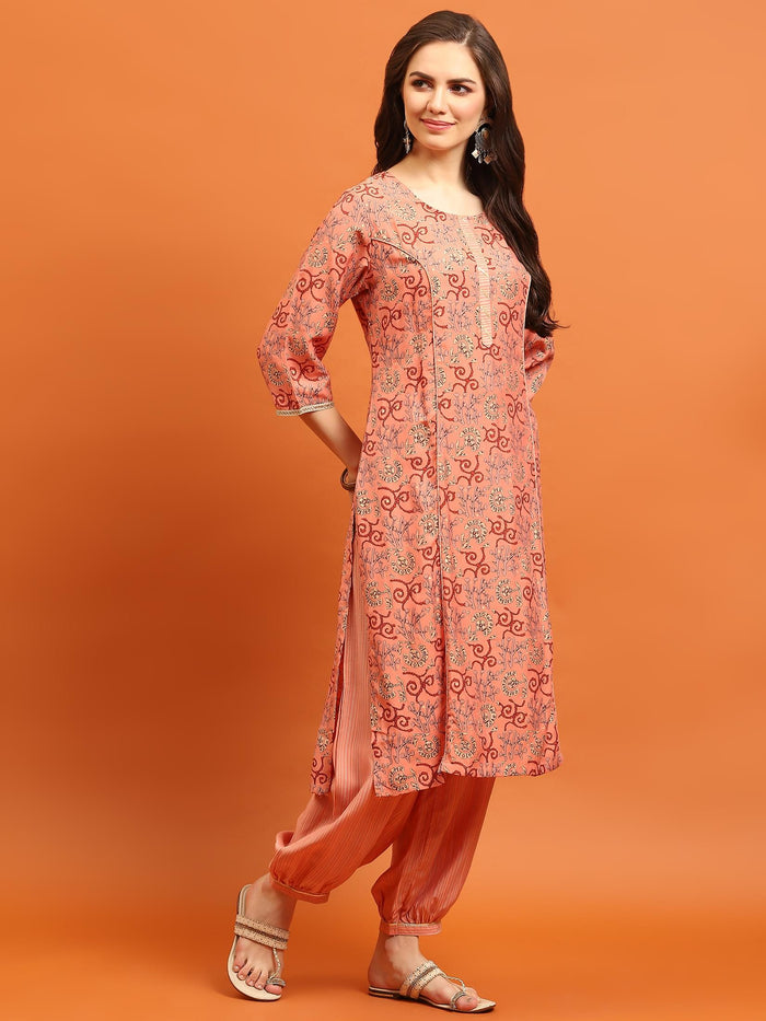 Indiessence Women Peach Abstract Printed Kurta Harem Pant Dupatta.