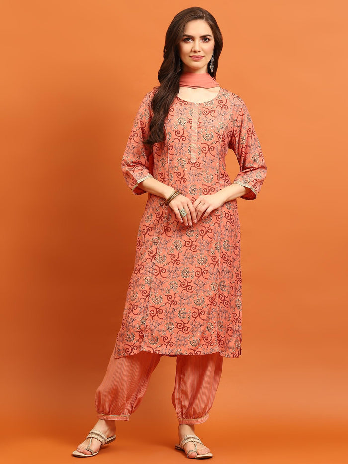 Indiessence Women Peach Abstract Printed Kurta Harem Pant Dupatta.