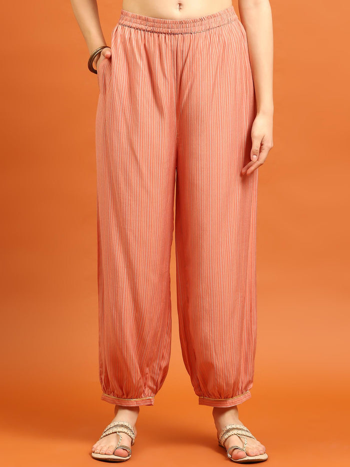 Indiessence Women Peach Abstract Printed Kurta Harem Pant Dupatta.