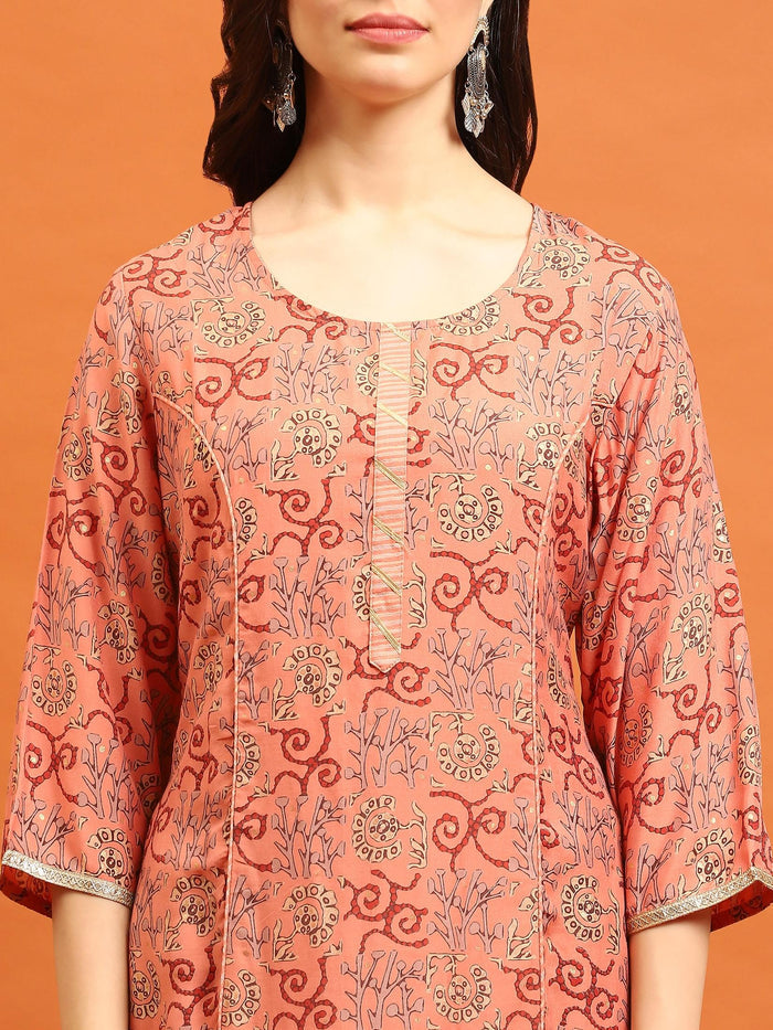 Indiessence Women Peach Abstract Printed Kurta Harem Pant Dupatta.