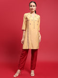 Indiessence Women Silk Blend Beige Embroidered Kurta With Trouser.