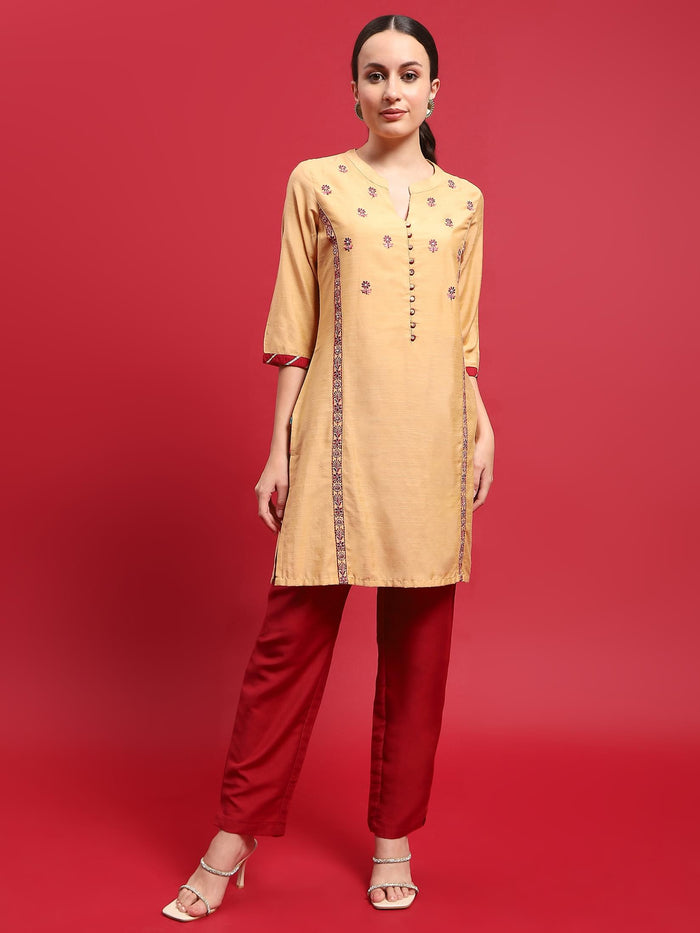 Indiessence Women Silk Blend Beige Embroidered Kurta With Trouser.