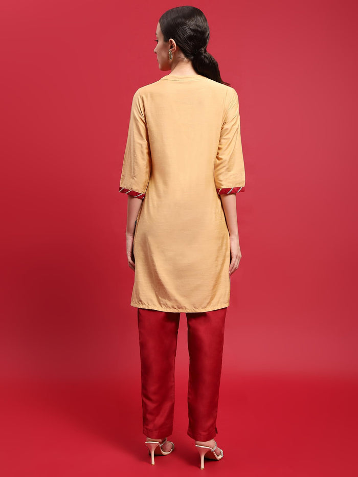 Indiessence Women Silk Blend Beige Embroidered Kurta With Trouser.