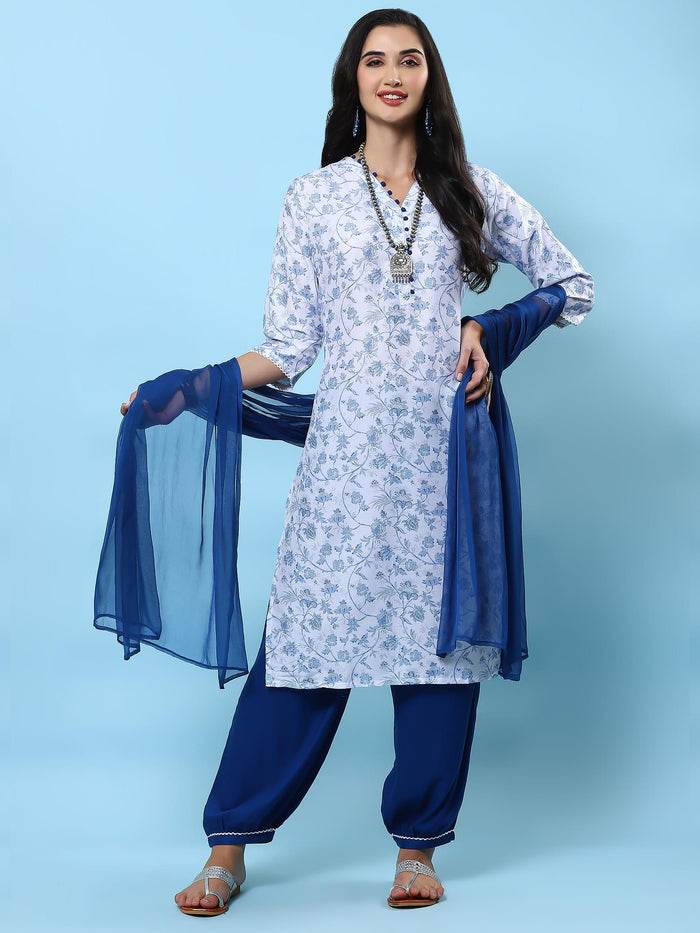 Indiessence Women White Floral Printed Kurta Harem Pant Dupatta.