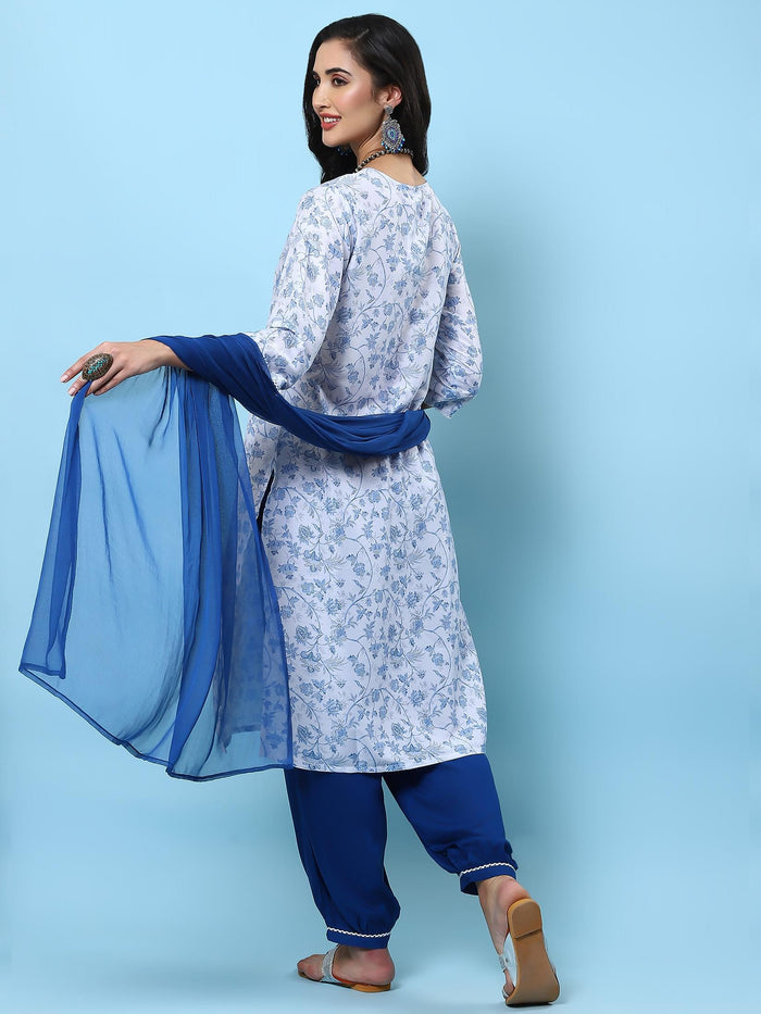 Indiessence Women White Floral Printed Kurta Harem Pant Dupatta.