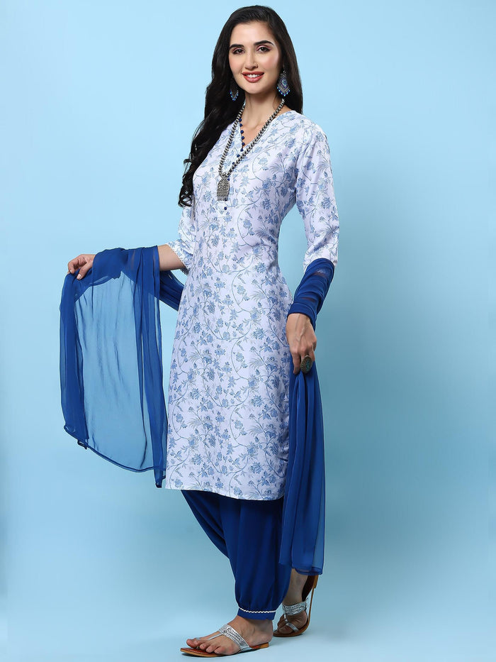 Indiessence Women White Floral Printed Kurta Harem Pant Dupatta.