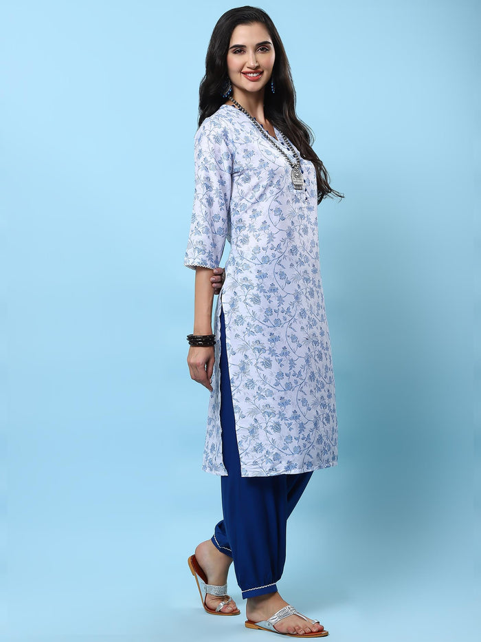 Indiessence Women White Floral Printed Kurta Harem Pant Dupatta.