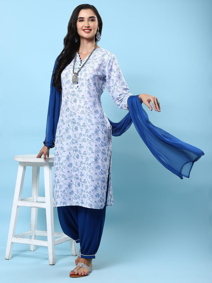 Indiessence Women White Floral Printed Kurta Harem Pant Dupatta.