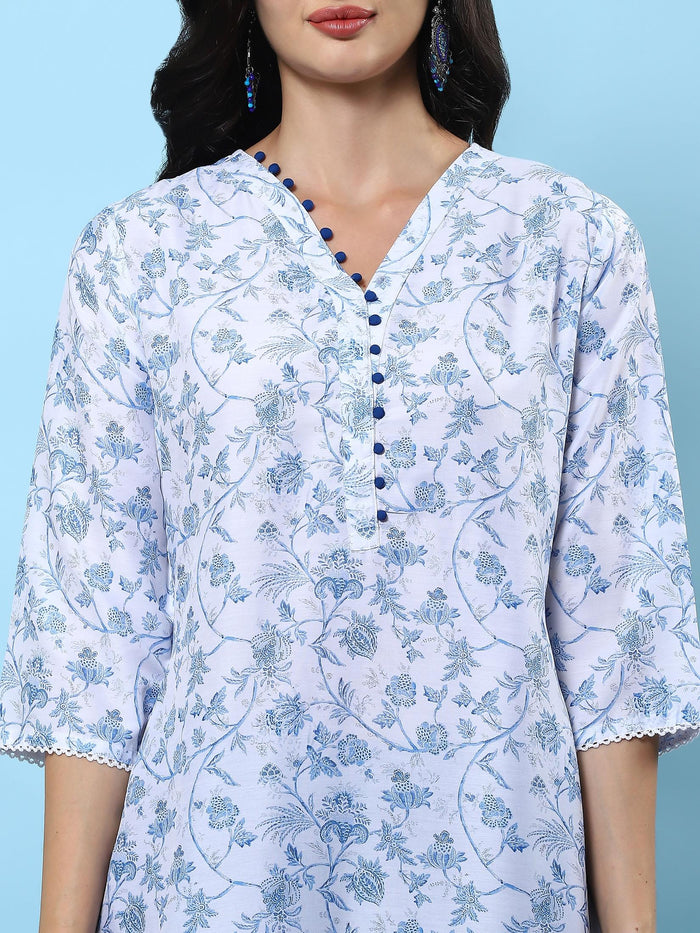 Indiessence Women White Floral Printed Kurta Harem Pant Dupatta.