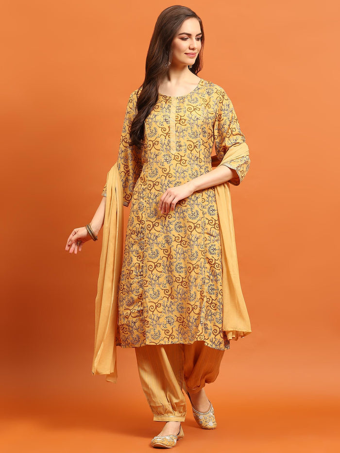 Indiessence Women Yellow Abstract Printed Kurta Harem Pant Dupatta.