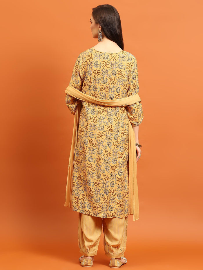 Indiessence Women Yellow Abstract Printed Kurta Harem Pant Dupatta.