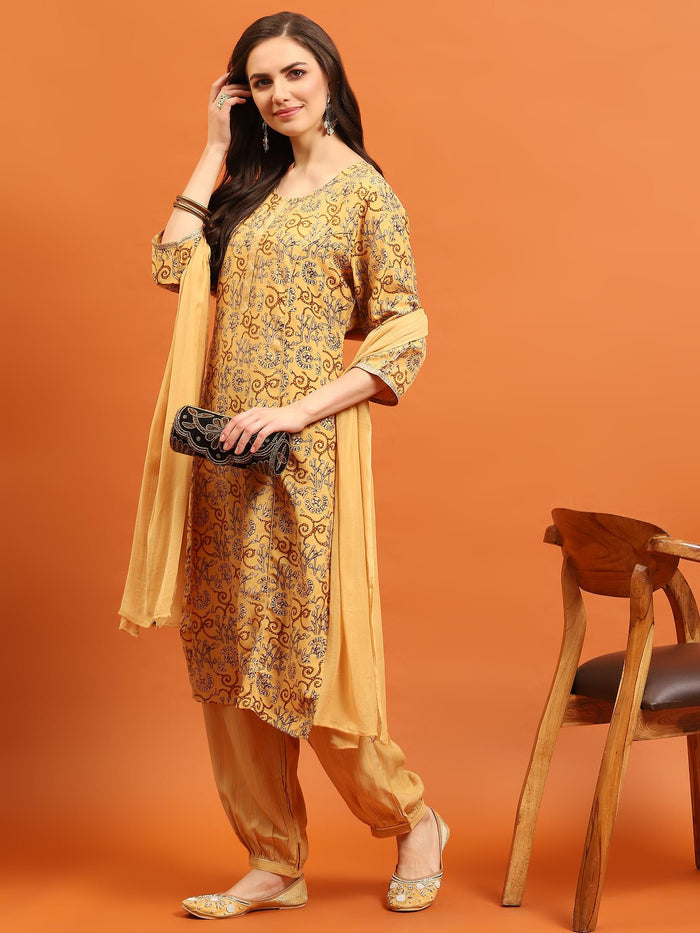 Indiessence Women Yellow Abstract Printed Kurta Harem Pant Dupatta.