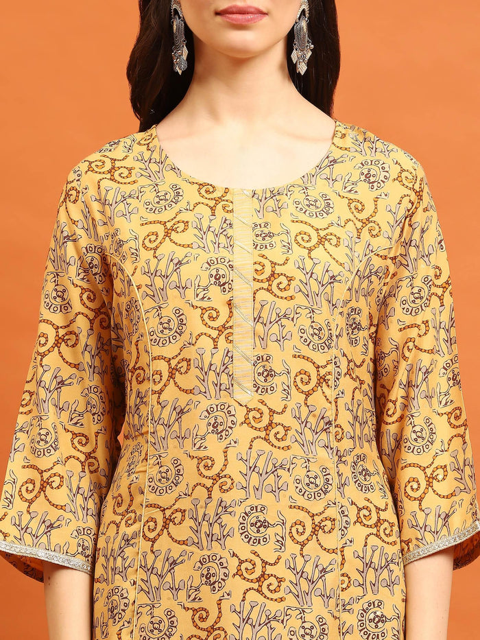 Indiessence Women Yellow Abstract Printed Kurta Harem Pant Dupatta.