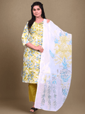 Indiessence Women Yellow Embroidered Cotton Kurta Comfort Pant Dupatta.