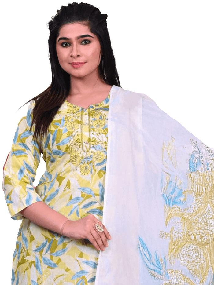 Indiessence Women Yellow Embroidered Cotton Kurta Comfort Pant Dupatta.