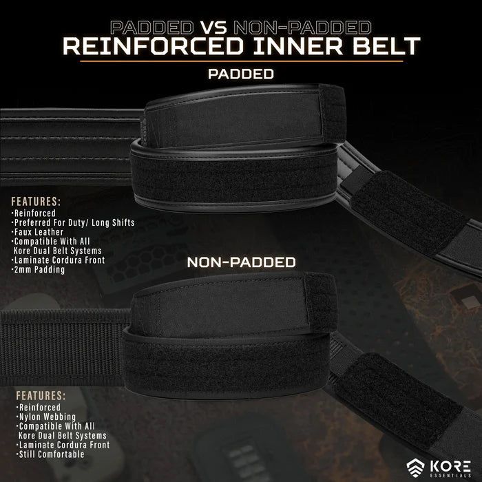 Comparison of Kore Essentials padded and non-padded reinforced inner belts with features listed.