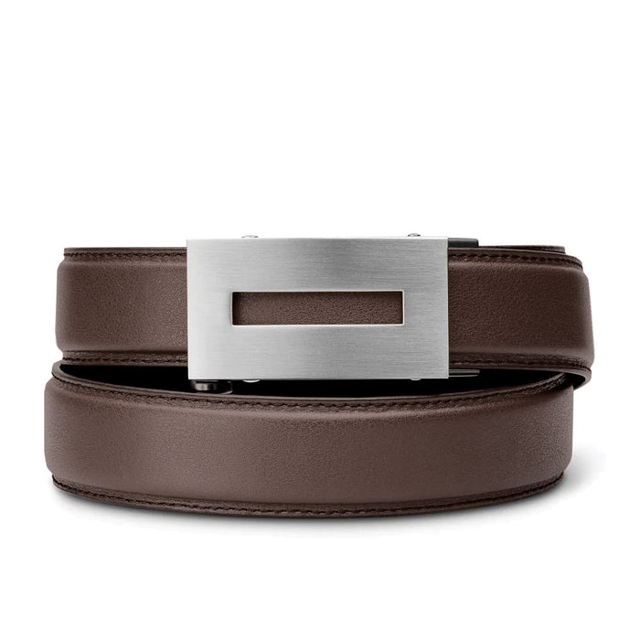 A Kore Essentials slim full grain leather belt with a gunmetal alloy buckle, displayed on a white background.