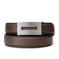 A Kore Essentials slim full grain leather belt with a gunmetal alloy buckle, displayed on a white background.