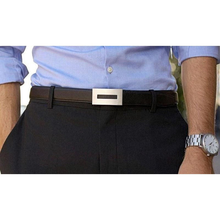 Kore Slim Inspire buckle & black leather belt. Patented trakline no-holes, ratchet belt system.