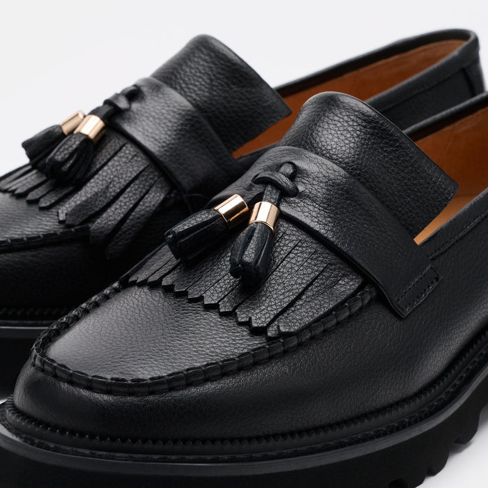 Journey Black Pebble Leather Lug Tassel Loafer