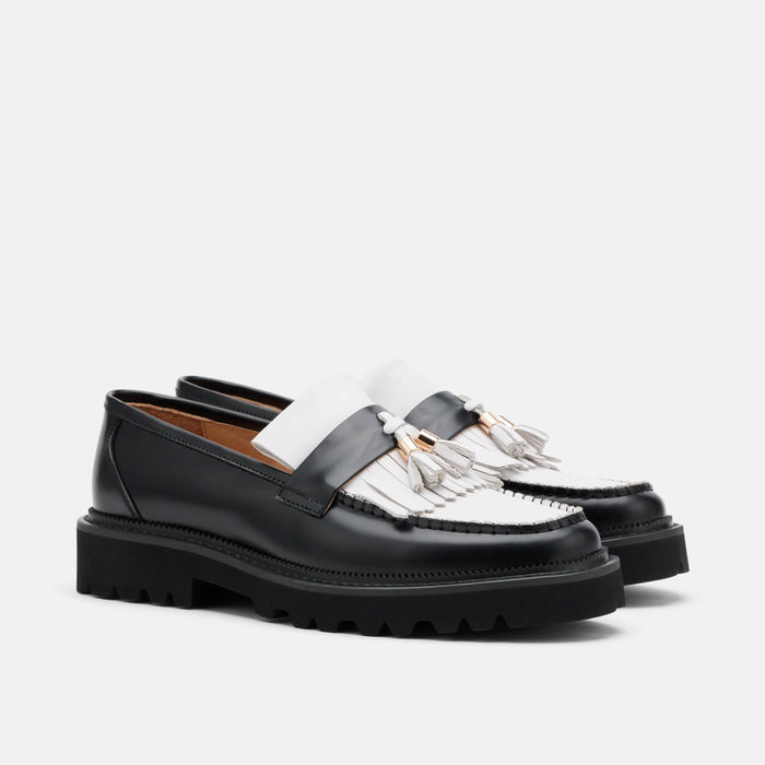 Journey Black/White Leather Lug Tassel Loafer