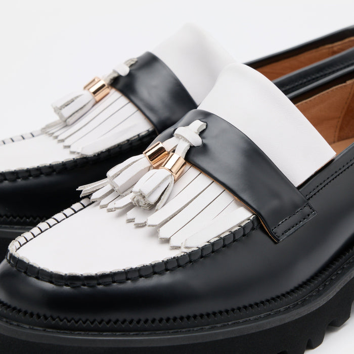 Journey Black/White Leather Lug Tassel Loafer
