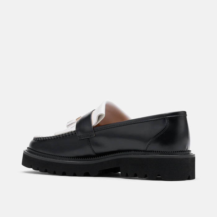 Journey Black/White Leather Lug Tassel Loafer