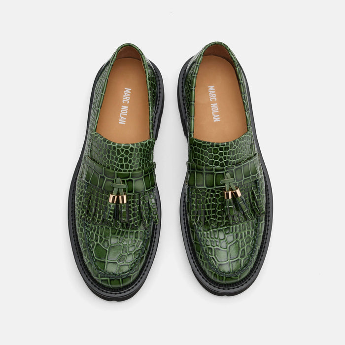 Journey Green Croc Leather Lug Tassel Loafer