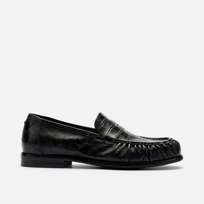 Kennedy Black Croc Pleated Leather Penny Loafers
