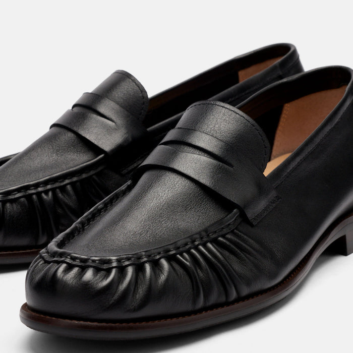 Kennedy Black Pleated Leather Penny Loafers