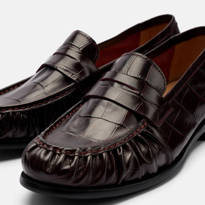 Kennedy Burgundy Croc Pleated Leather Penny Loafers