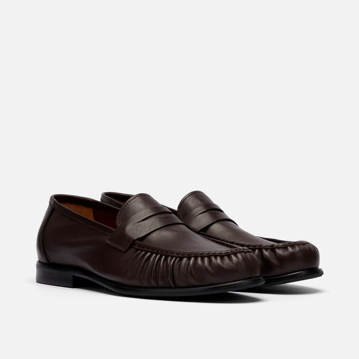 Kennedy Espresso Brown Pleated Leather Penny Loafers