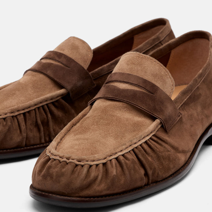 Kennedy Triple Brown Pleated Suede Penny Loafers