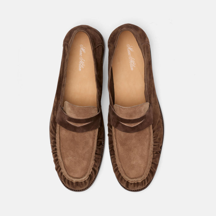 Kennedy Triple Brown Pleated Suede Penny Loafers